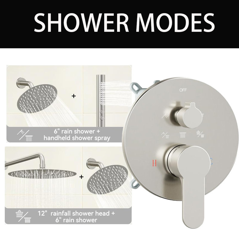 Pomme de douche à pluie double 12 + 6 po avec douchette, Nickel brossé