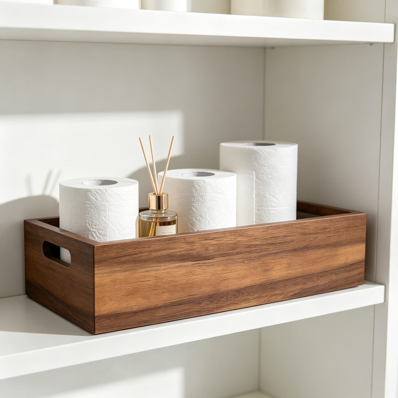 Plateau de salle de bain en bois d'acacia naturel avec poignées pour articles de toilette et accessoires, 16,5 x 6 x 3,8 po