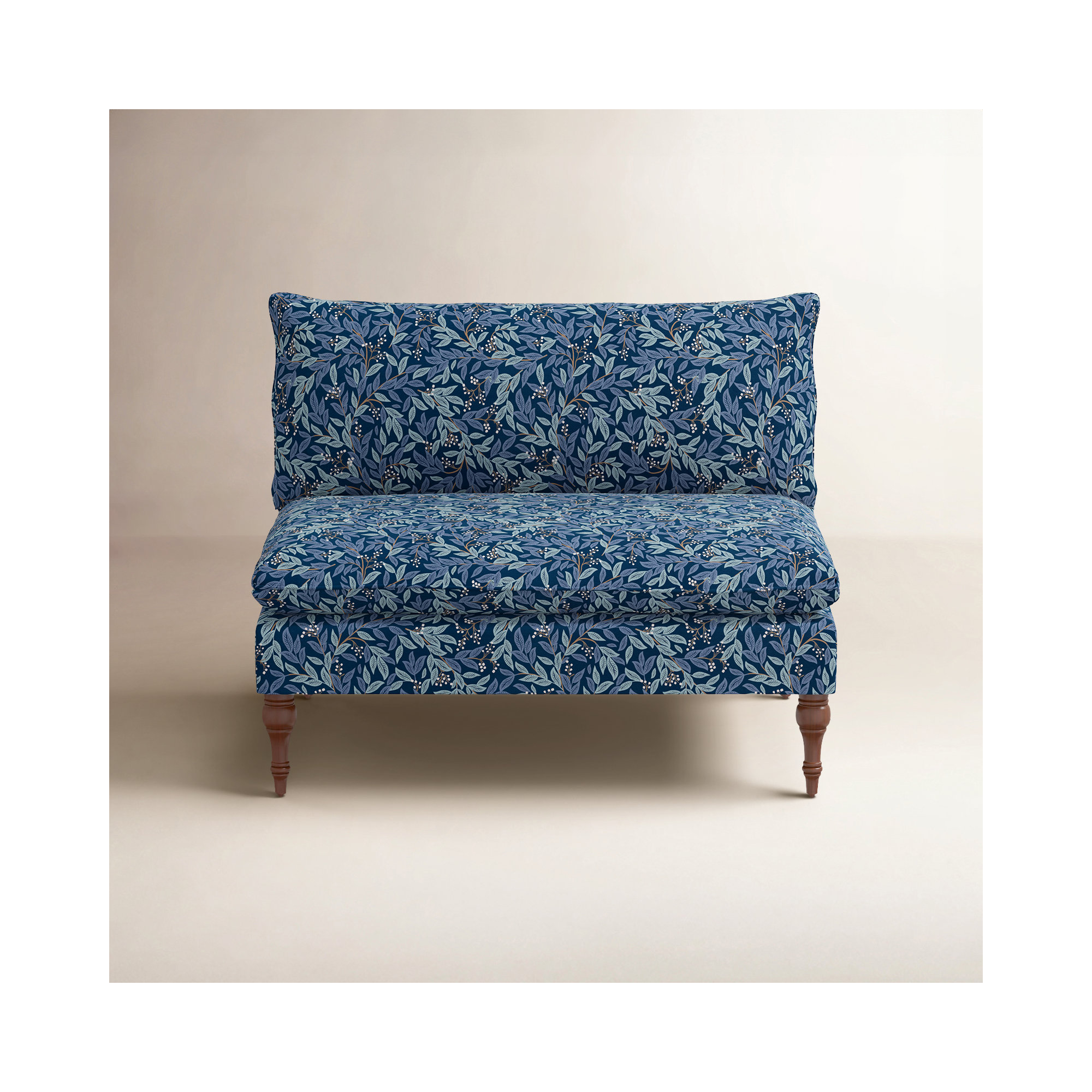 Rifle Paper Co. x Cloth & Company Louie Settee, Blue Primrose Linen Blend, Espresso Wood