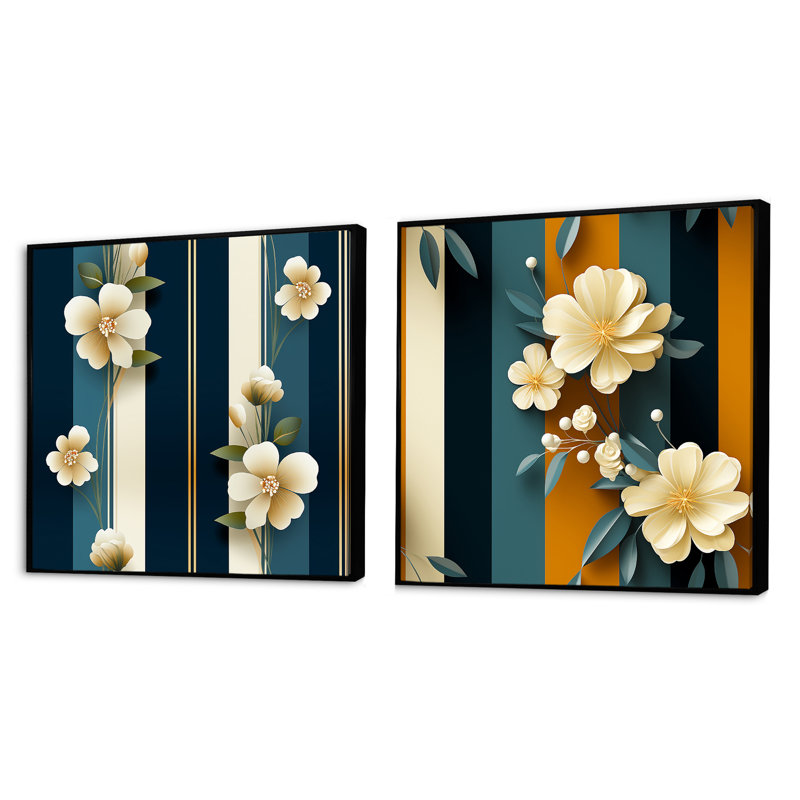 Hereford - Ensemble de 2 collages carrés botaniques abstraits, Cadre flottant noir, H 30 po x l 61 po
