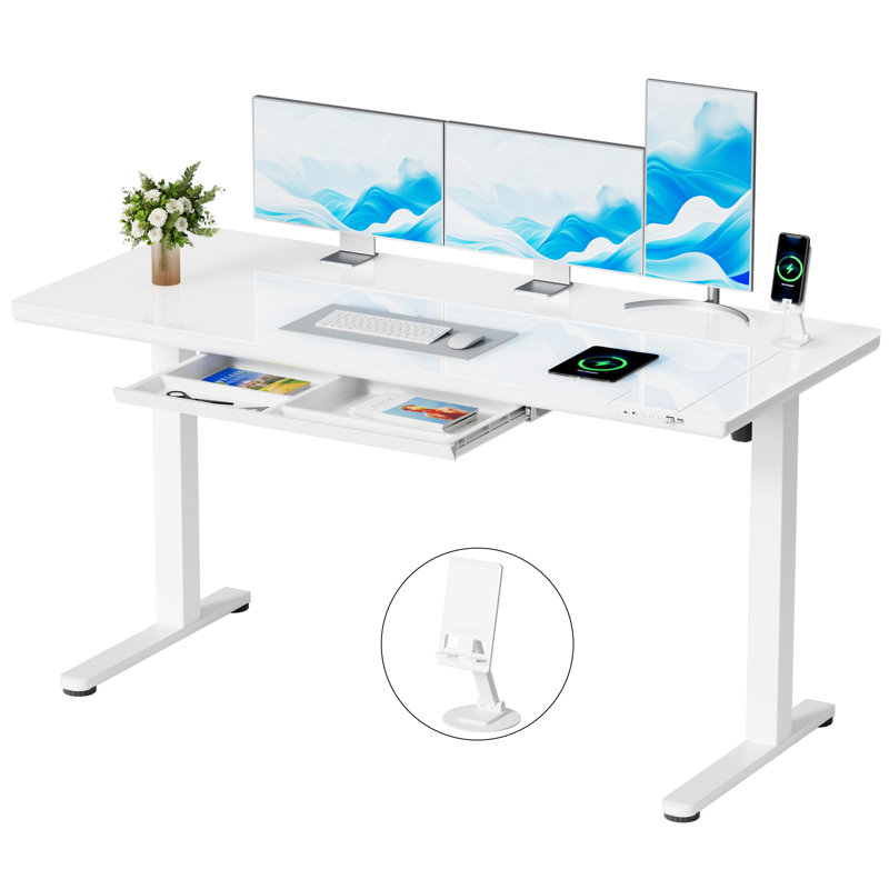 Bureau debout à hauteur ajustable en verre de 55 po avec tiroir et charge USB, écran à DEL et support pour téléphone portable, blanc