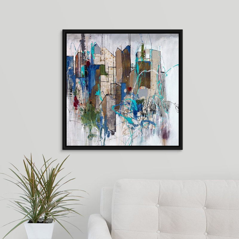 « stomping ground oreillers », peinture sur toile, Cadre flottant noir, H 25,7 po x l 25,7 po x P 1,75 po