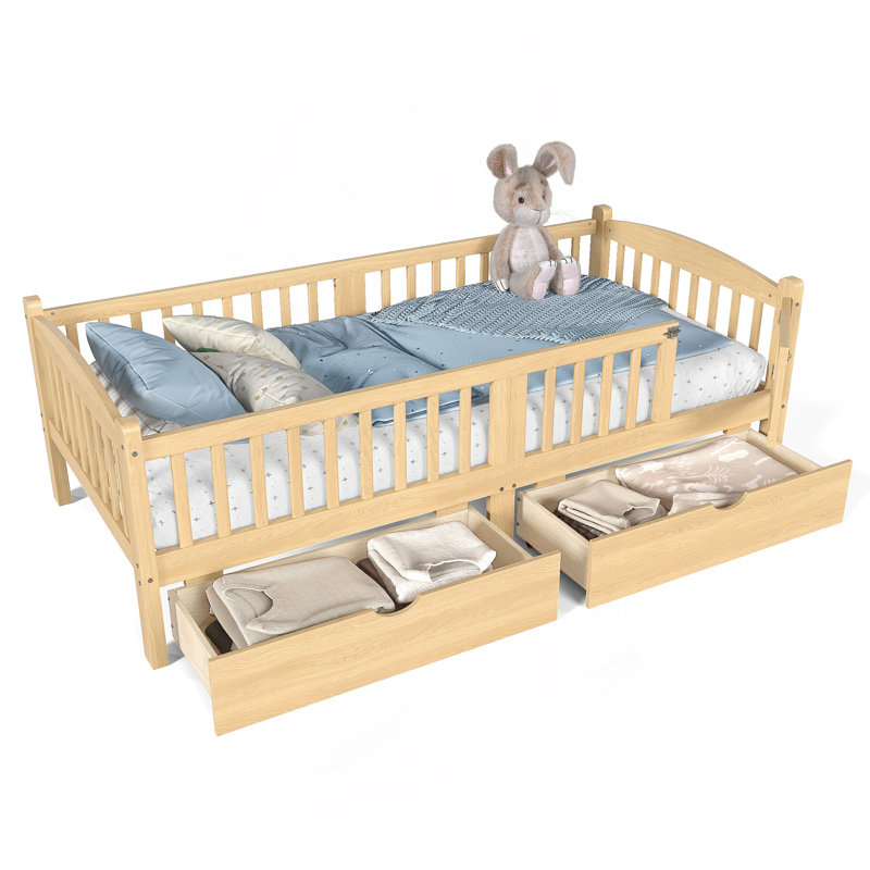 Lit plateforme simple TG avec garde-corps pleine longueur, lit plateforme pour enfants avec tiroirs de rangement, tête de lit enfantine et mignonne