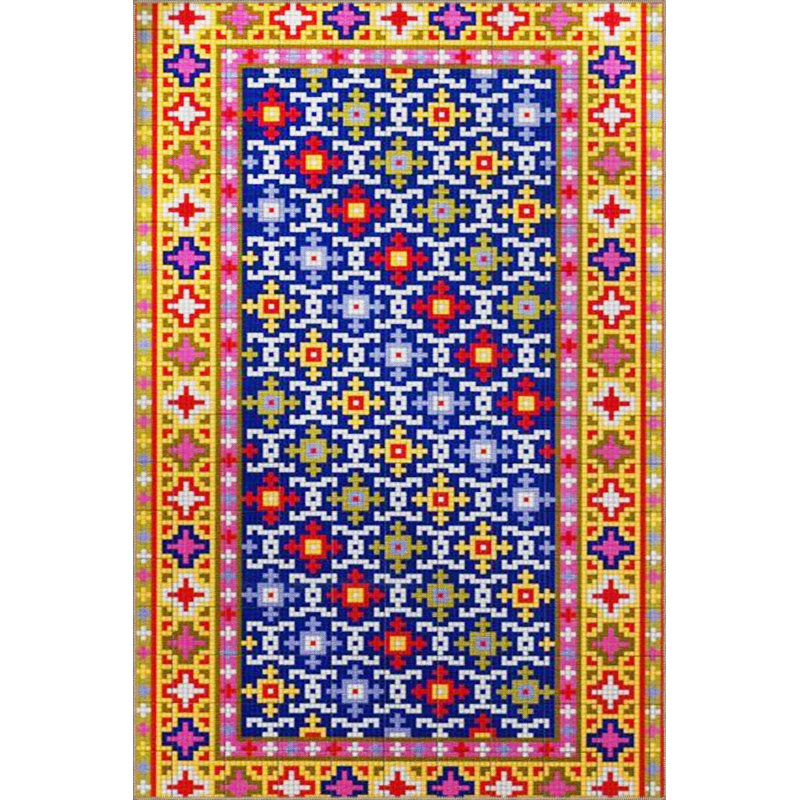 Yellow Star Ethnic Patterned Woven Base Washable Rug, Runner 4'11" x 9'10" Rug Pad Included