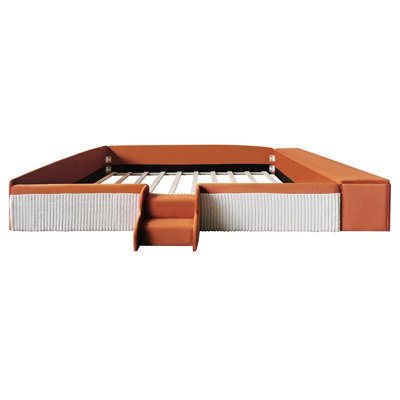Lit de jour King Size en velours avec escalier et pouf de rangement à vérin à gaz, coloris contrasté, barrières de sécurité rembourrées, marron et blanc