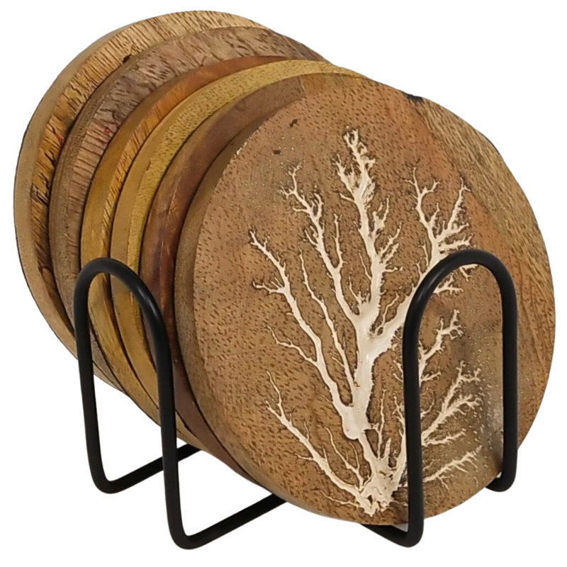 Ensemble de sous-verres géométriques en bois avec support, Brun / blanc, Éclair