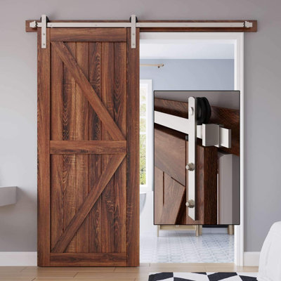 Ensemble de rail de quincaillerie de porte de grange coulissante en nickel brossé de 5 pi, poulie droite, robuste, coulissant en douceur et facile à installer (ensemble de rail de 5 pi pour porte simple de 26 à 30 po de largeur)