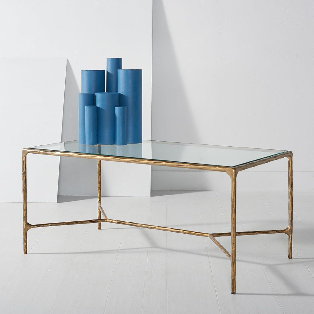 Evelynn 40" Glass Coffee Table, Brass, Clear