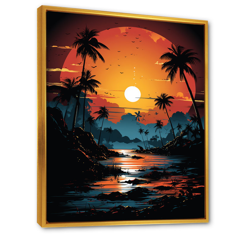 Orange et noir, paysage tropical, coucher de soleil, paysage abstrait, Cadre flottant doré, H 32 po x l 16 po x P 1 po