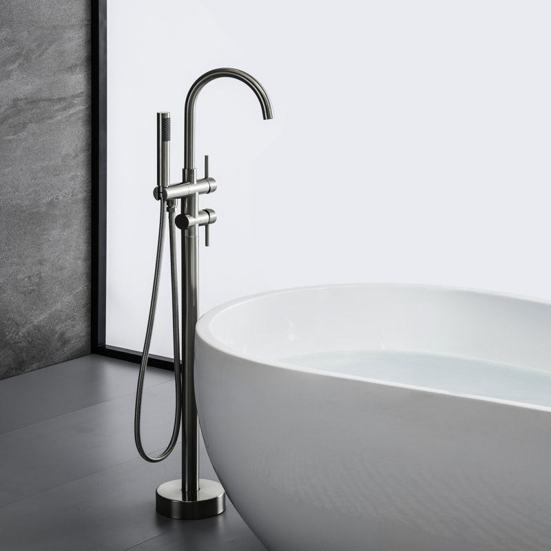 Robinet de baignoire avec douche à main - Laiton massif, hauteur supérieure de 45,87 po, nickel brossé autoportant à double fonction, pratique