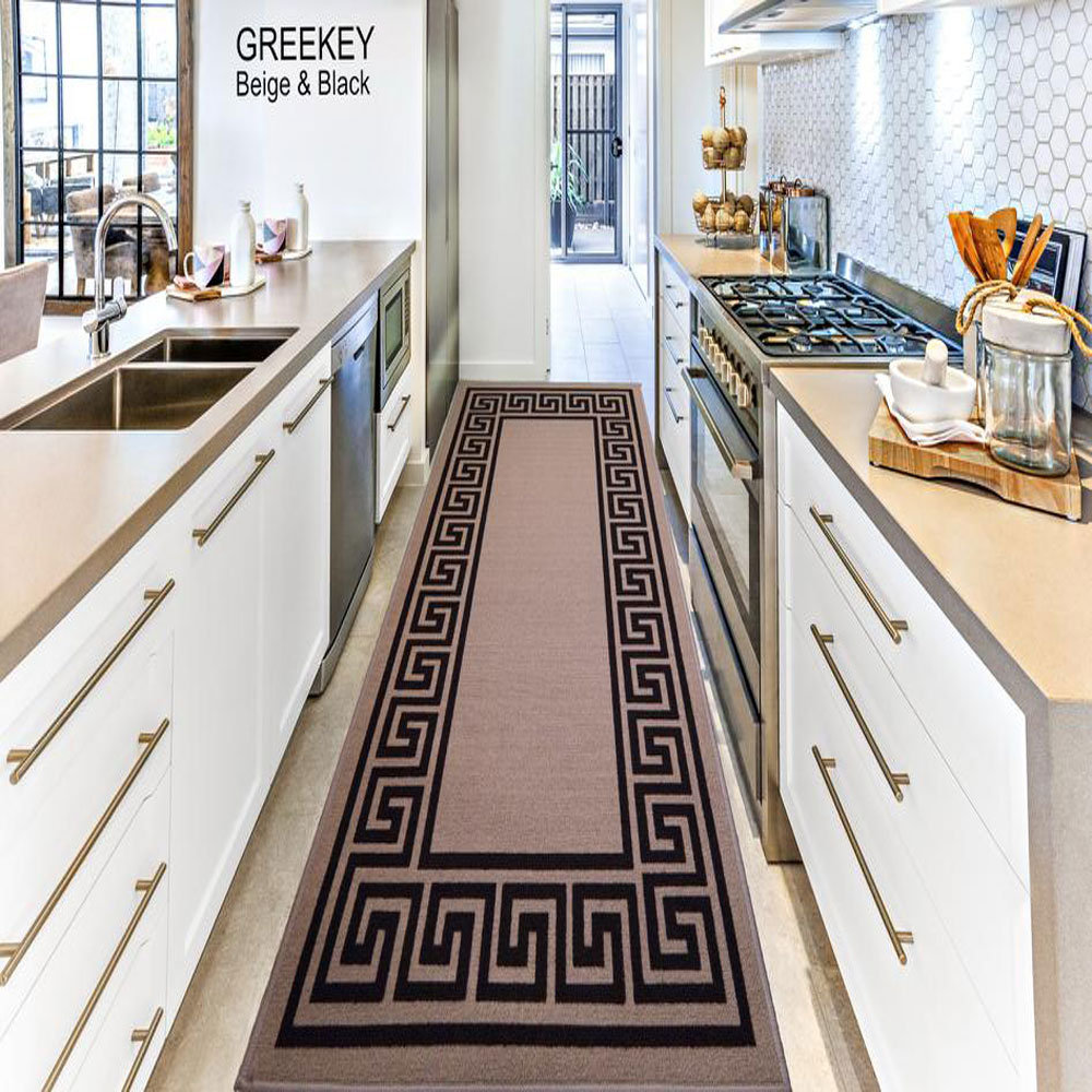 Greek-Key Beige Black Non-Slip Polypropylene Area Rug — Washable Door Mat & Hallway Runner for Living Room, Kitchen & Bedroom