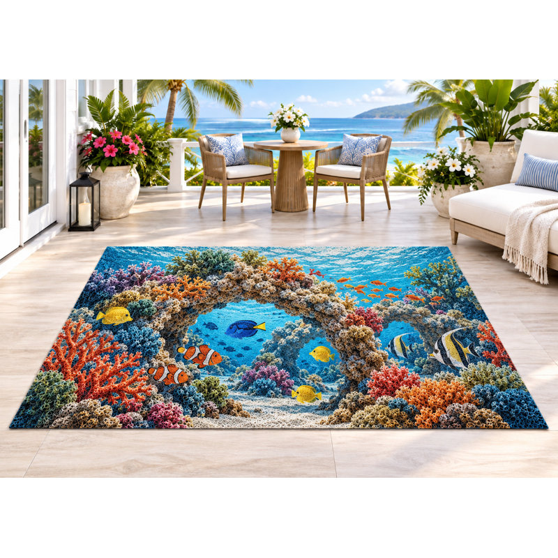 Tapis d'extérieur 152 x 213 cm (5' x 7') à motif récif corallien tropical, épais, imperméable, en PVC bouclé, résistant et à séchage rapide, idéal pour terrasse, balcon, VR et autres espaces extérieurs.