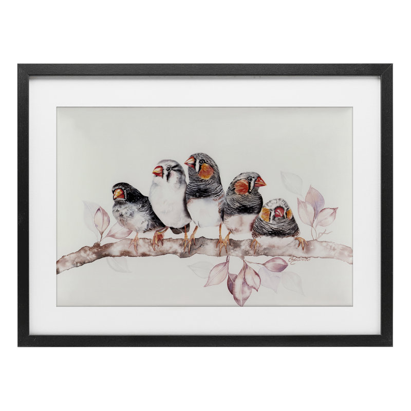Cinq oiseaux sur une branche, reproduction encadrée sous verre, conception de Cady, H 14 po x l 20 po, Noir
