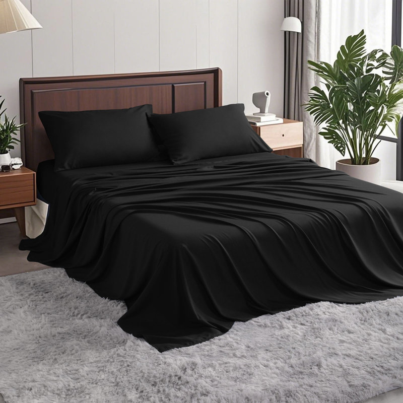 Silky Rayon From Bamboo-Polyester Bedding Set | Year-Round Cooling | Hypoallergenic Luxury Sheets?, Black
