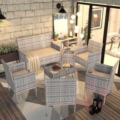 Ensemble de causeuse et table de bistro en rotin toutes saisons de 7 pièces avec coussins moelleux pour terrasse et ensemble de conversation pour la cour, le balcon, la terrasse et le porche