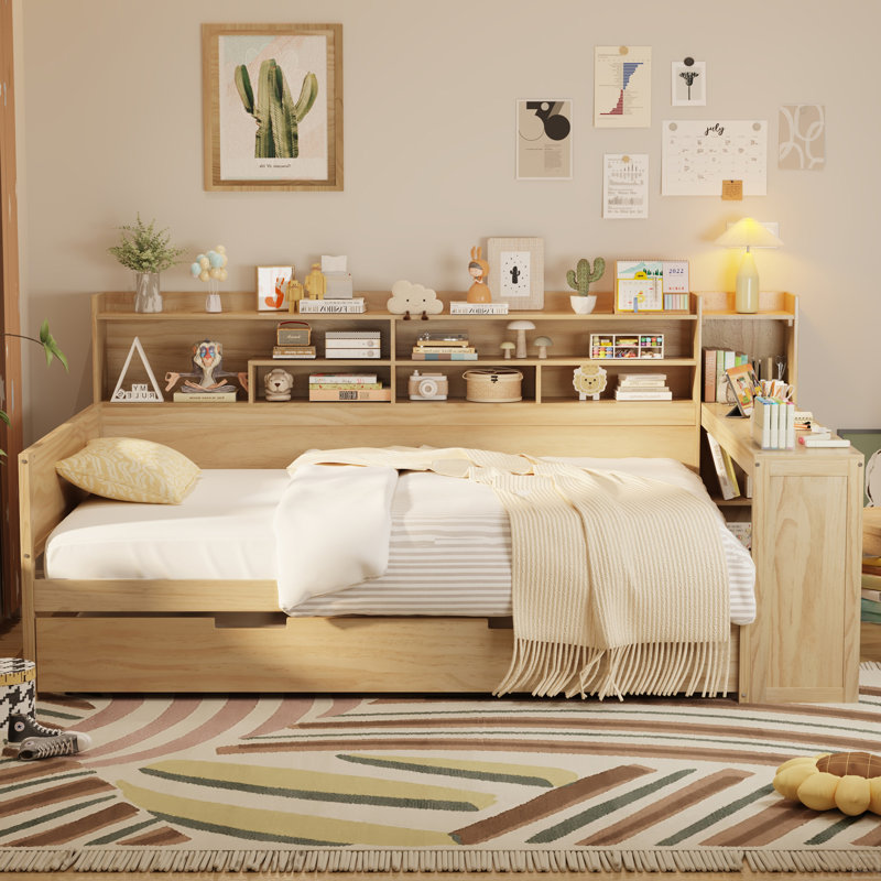 Lit de jour double en bois avec tablettes de rangement, lit multifonctionnel avec lit gigogne simple, Brun
