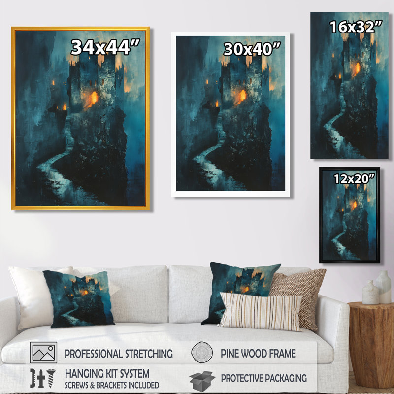 Art mural bleu et jaune, château de vampire d'hiver, 20" H x 12" W, Black Picture Framed