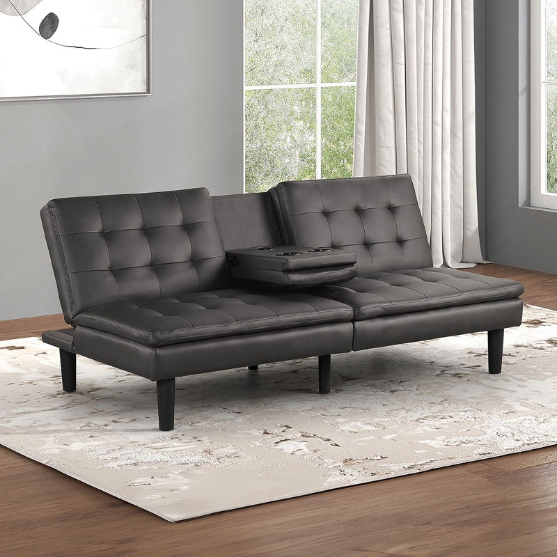 Contemporary Futon Sofa Bed With Gray Finish, Biscuit Tufting, Drop-Down Table, And USB Chargers For Modern Living, Gray