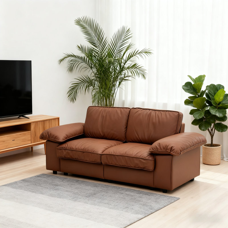 ‌78.74" Brown Faux Leather Loveseat Sofa – Soft Durable Upholstery, Built-In Hidden Storage | Space-Saving Compact Design for Small Living Rooms & Apartments