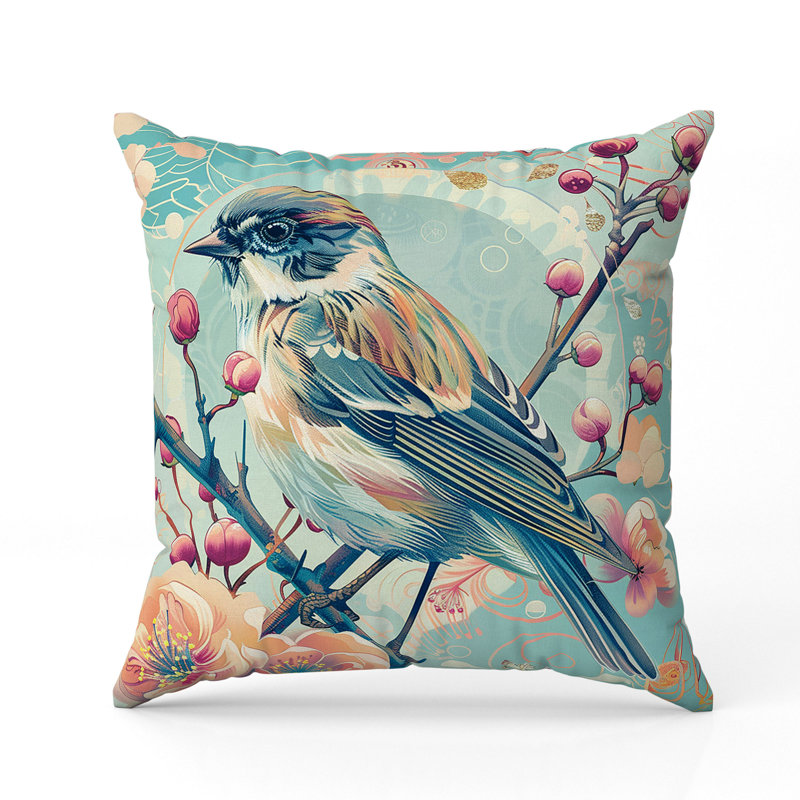 Coussin Berries and Birds, 16"H x 16"W, Blue/Pink