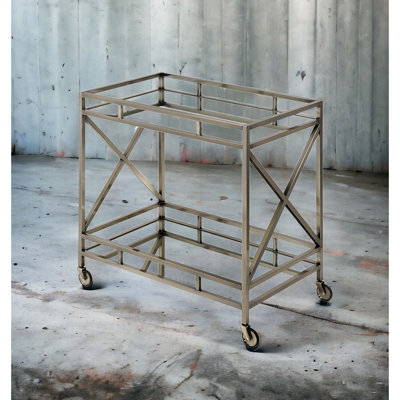 Mirrored Shelf Serving Cart With Antique Gold Finish And Open Storage Compartment Metal Frame
