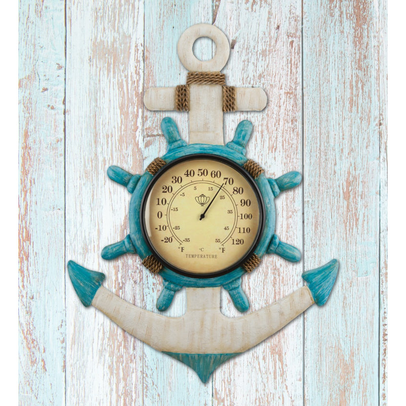 Magness Metal and Acrylic Outdoor Thermometer Wall Decor with Nautical and Coastal Inspired Designs, Anchor
