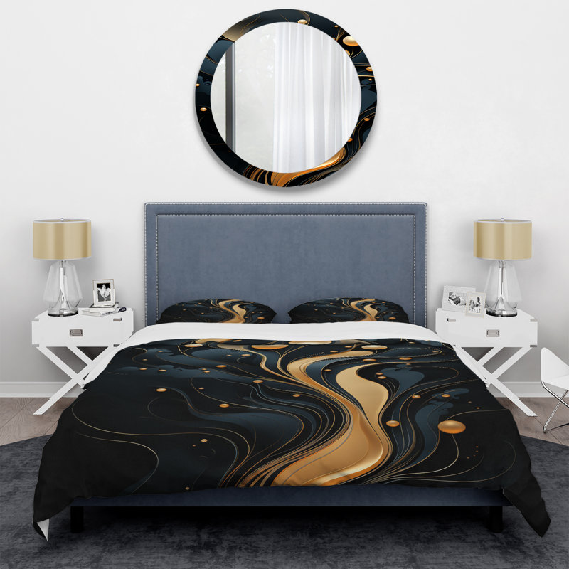 Ensemble de housse de couette abstrait noir et or doré, Housse de couette simple + 1 taie décorative stan