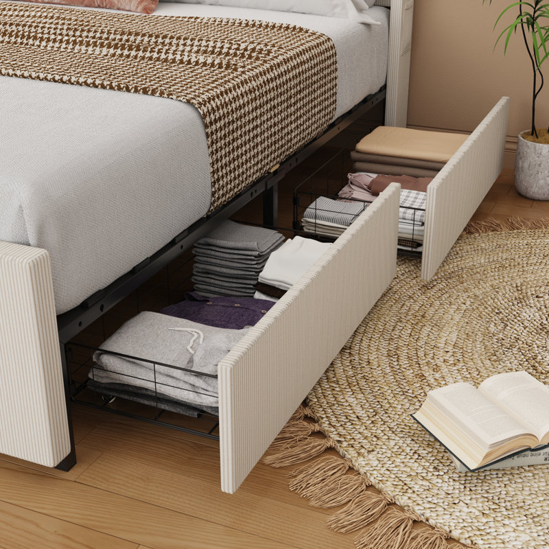 Corduroy Upholstered Platform Bed With Drawers, LED Light, Wingback Headboard, And Footboard, No Box Spring Needed, King