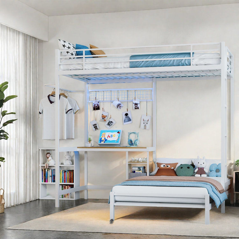 Lits jumeaux gain de place avec rangement, structure en métal, blanc moderne pour la maison