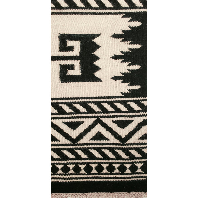 Tapis noir / blanc en laine tissé à plat à la main Alejah Southwestern, Rectangulaire 5 pi x 7 pi 6 po