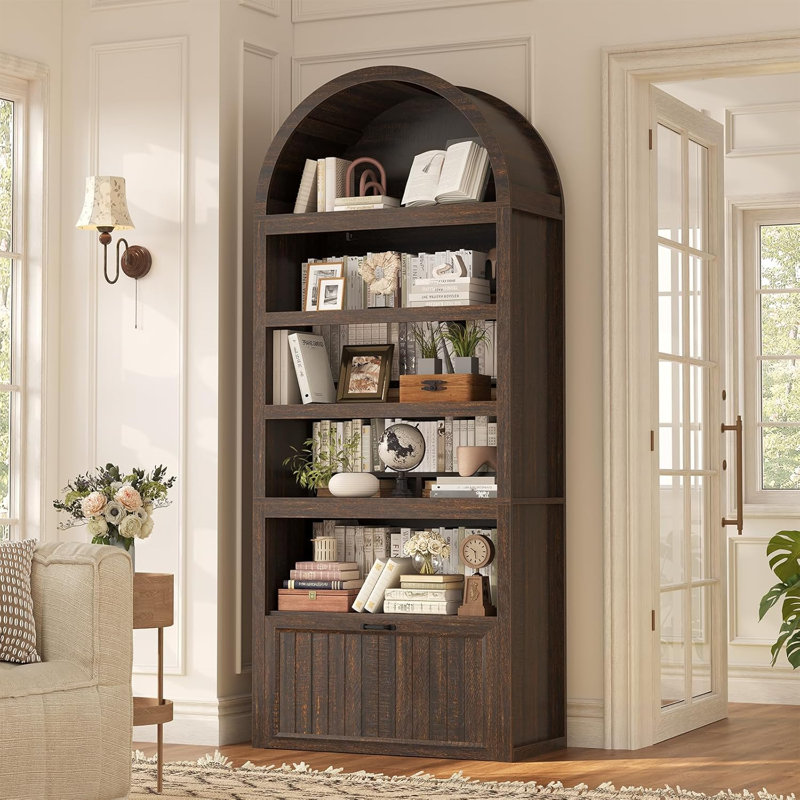 81" Tall Arched Bookshelf, 5-tier Bookcase With Storage Drawer, Walnut, Walnut