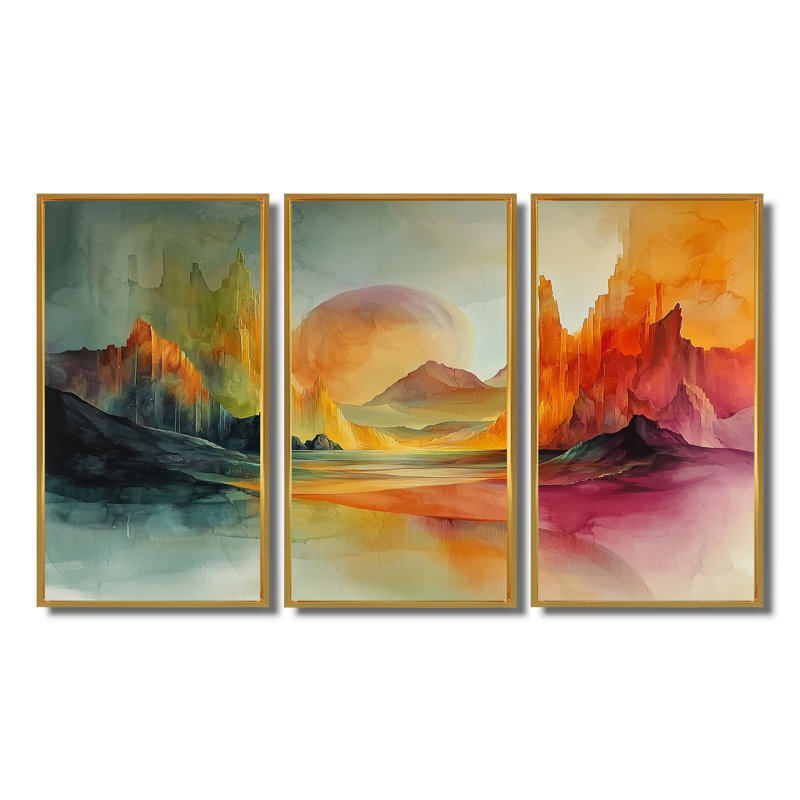 Ensemble de salon vert et orange Tachisme Landscape II - Tachisme Wall Art, Toile avec cadre flottant or