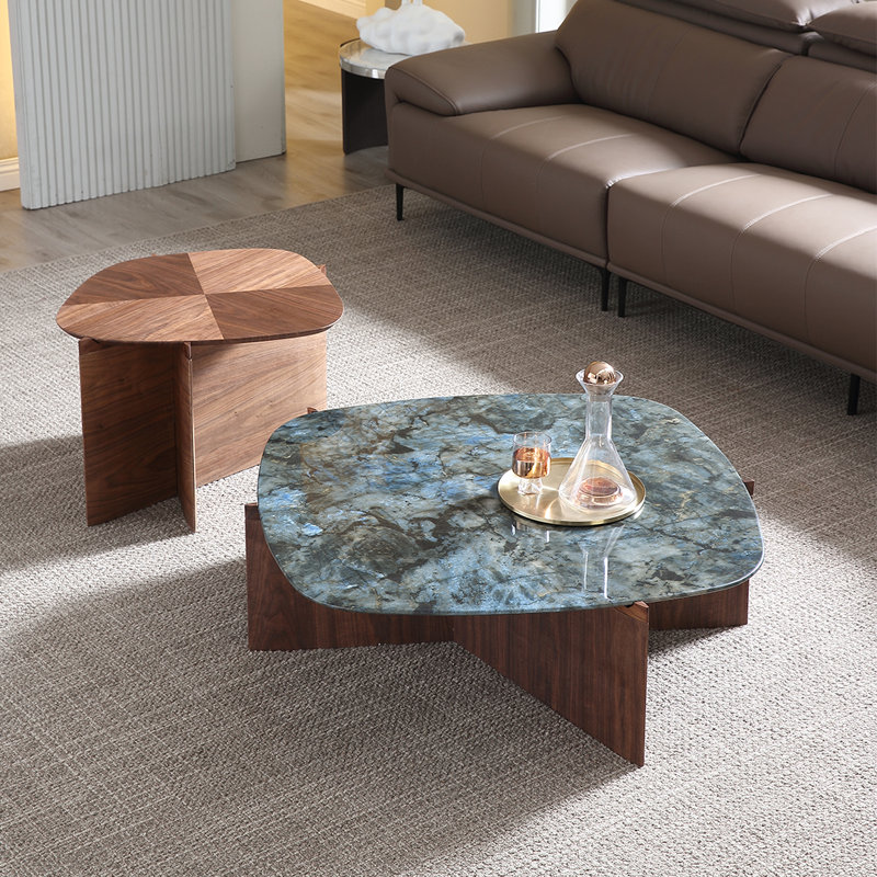 Modern Walnut And Sapphire Marble Irregular Coffee Table Nesting Set