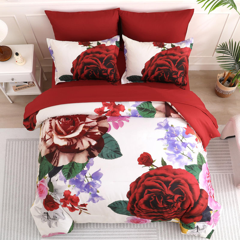 Ensemble d'édredon floral 7 pièces avec draps et taies d'oreiller, Grand édredon et 6 pièces supplémentaires, Rouge