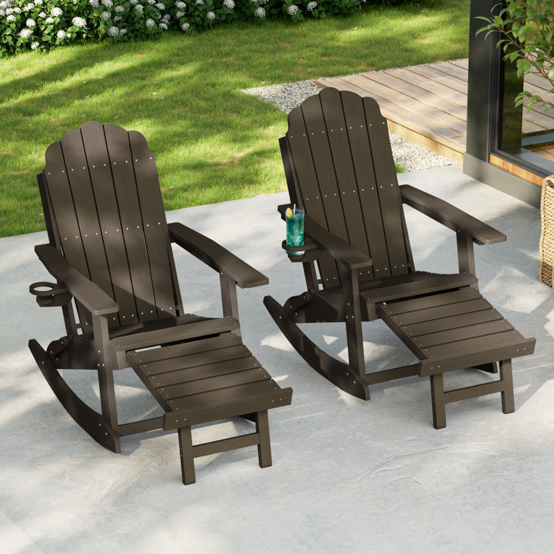 All-Weather HDPE Folding Adirondack Rocking Chair with Retractable Ottoman, 3-Position Adjustable Outdoor Rocking Chair for Patio, Gargen, Deck