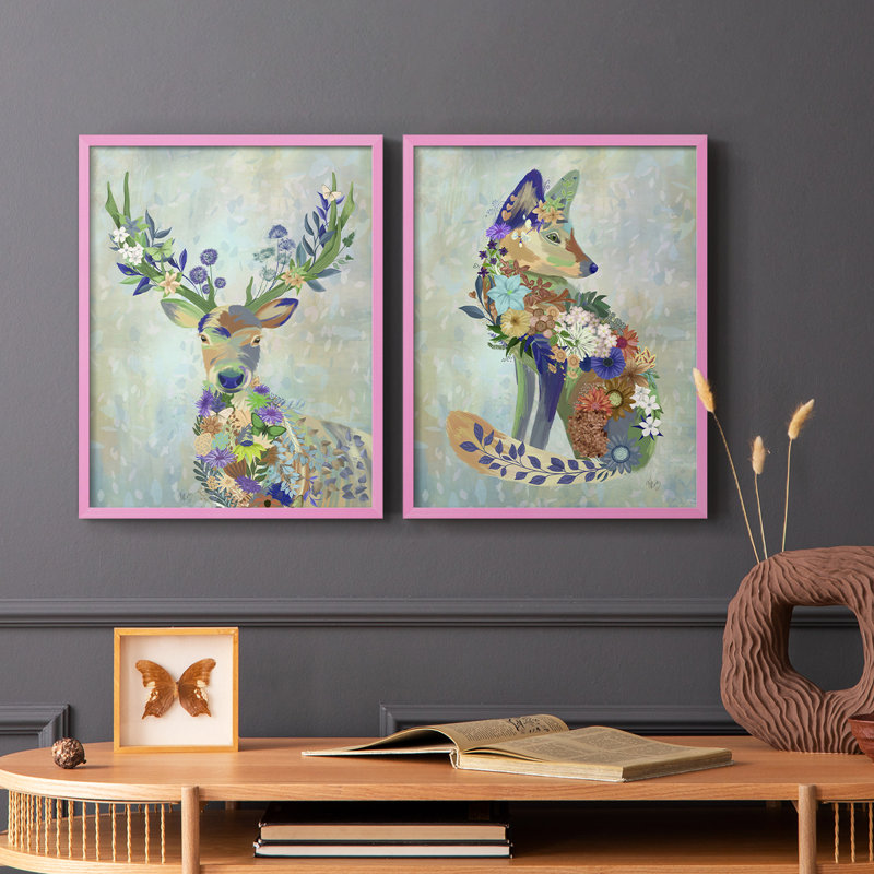 Fantastic Florals Deer, Portrait - reproduction encadrée de qualité supérieure - prête à être accrochée - aucun clou requis - aucun clou requis