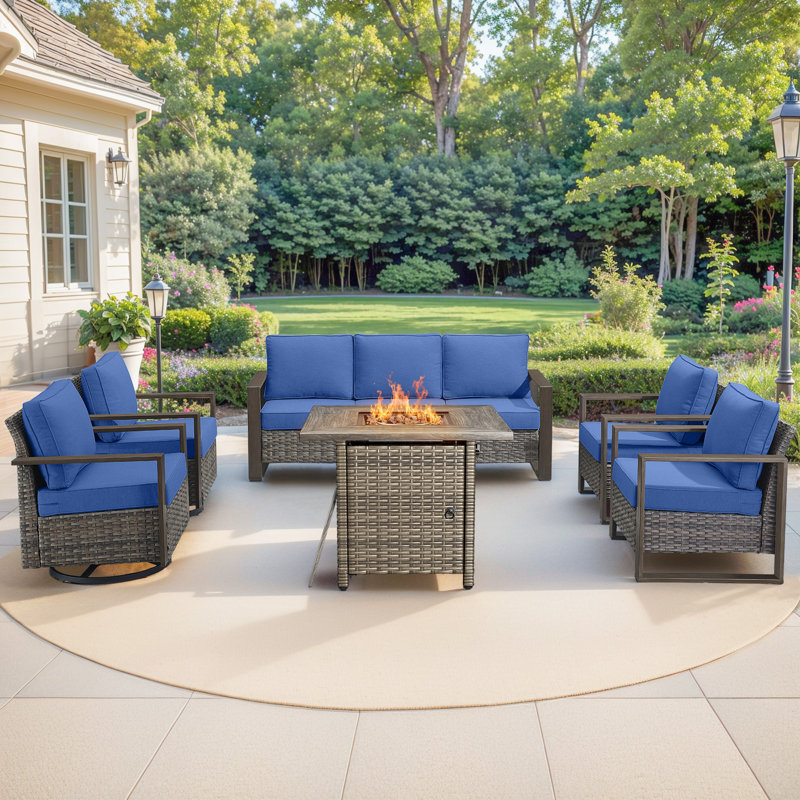 Palomares 6-Piece Outdoor Conversation Set With Swivel Gliders And Square Fire Pit Table, 7-Person Wicker Patio Seating With Armchairs