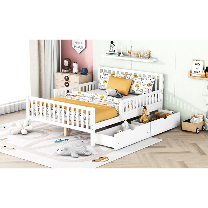 Guardrails Included Full Size White Wood Platform Bed With Storage Spaces And Two Drawers For A Bedroom, Full, White