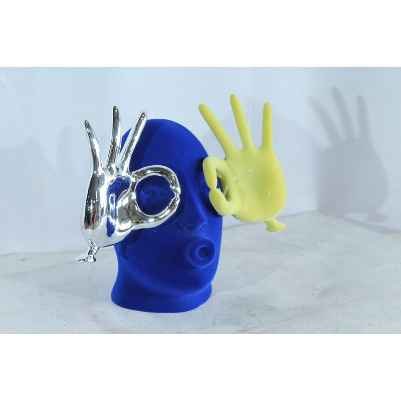 Statue tête de velours en résine bleue avec motif à la main jaune et argent NIFao 12 po x 8 po x H 12 po