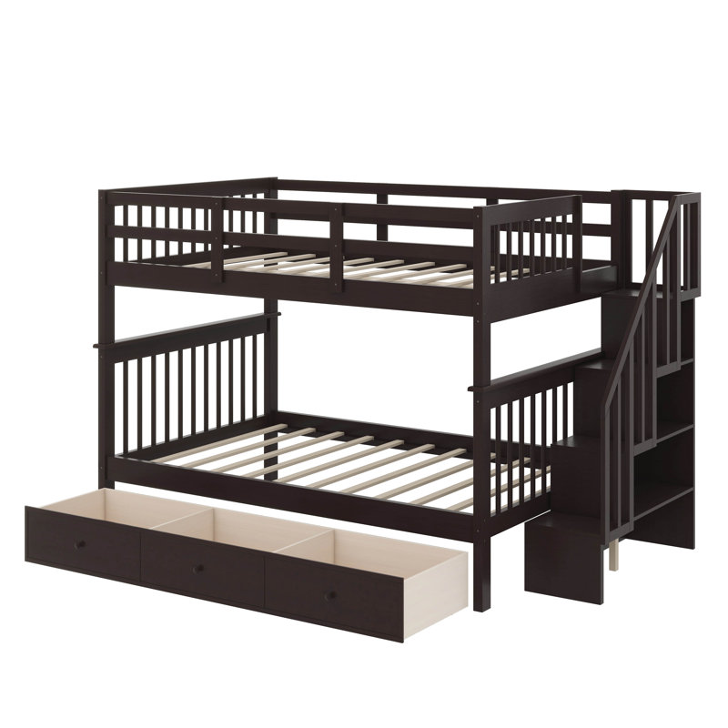 Lit superposé double sur lit double pour chambre à coucher, avec tiroir, espace de rangement et garde-corps sur escalier