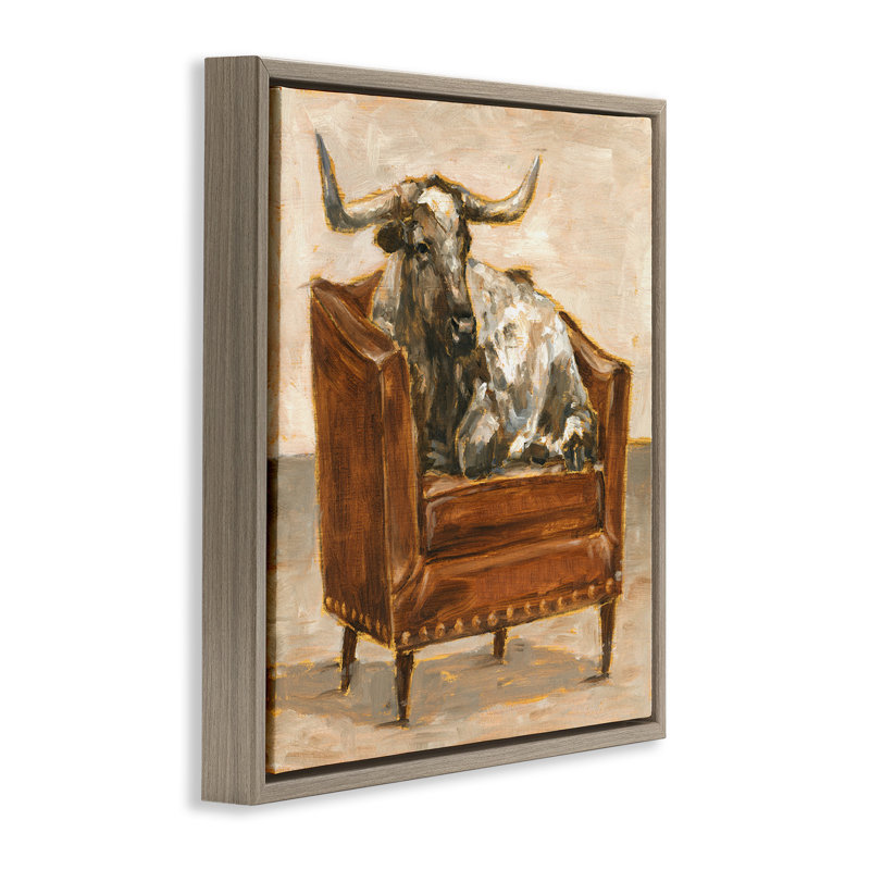«Brown Bull Resting in Chair», peinture encadrée sur toile flottante par Ethan Harper, H 25 po x l 25 po