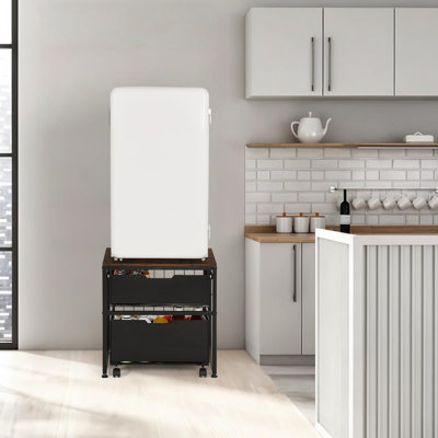 Mini Refrigerator Rack With Storage Drawers, Heavy-Duty Microwave Rack, 300 Lbs Capacity, Vintage Brown.