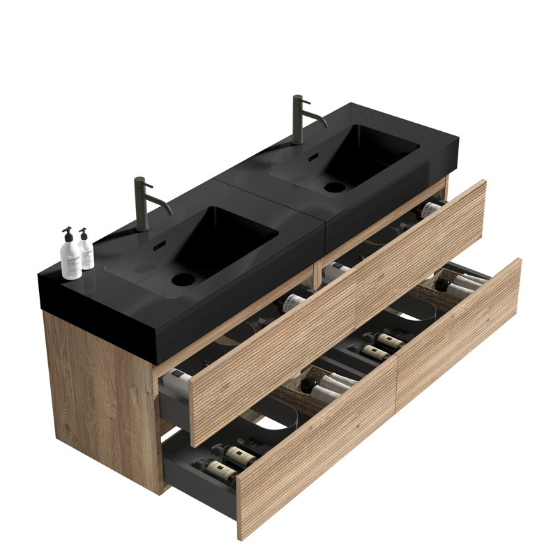 Meuble-lavabo en chêne brut de 60 po (30 po * 2) avec lavabo à surface solide noir mat et tiroirs souples, fixation murale flottante