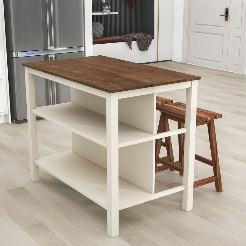 3-Piece Stationary Kitchen Island Set with 2 Stools, Rubber Wood Top Dining Table Set with 2 Shelves, Walnut Cream