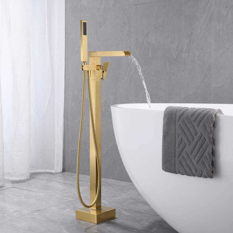 1 Handle Floor Freestanding Tub Filler with Diverter, Brushed Gold