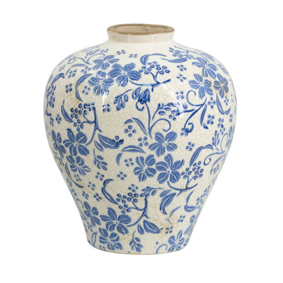 Ming Dynasty Inspired Round Ceramic Flower Vase, 7.7x9.1 Inch Distressed White Vase With Blue Floral Motifs, Farmhouse Rustic Tabletop Decor For Living Room, Mantel, Sideboard