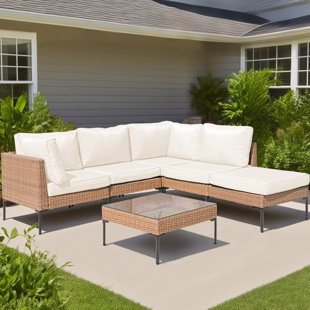 Outdoor Patio Furniture Set - 6-Piece Rattan Sectional Sofa with Tempered Glass Coffee Table and All-Weather Wicker Chairs - Conversation Set for Backyard, Poolside or Garden