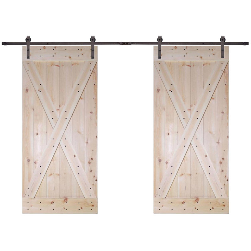 Porte de grange à panneaux en bois et métal apprêtée avec ensemble de quincaillerie d'installation, 36 po x 84 po, Inachevé