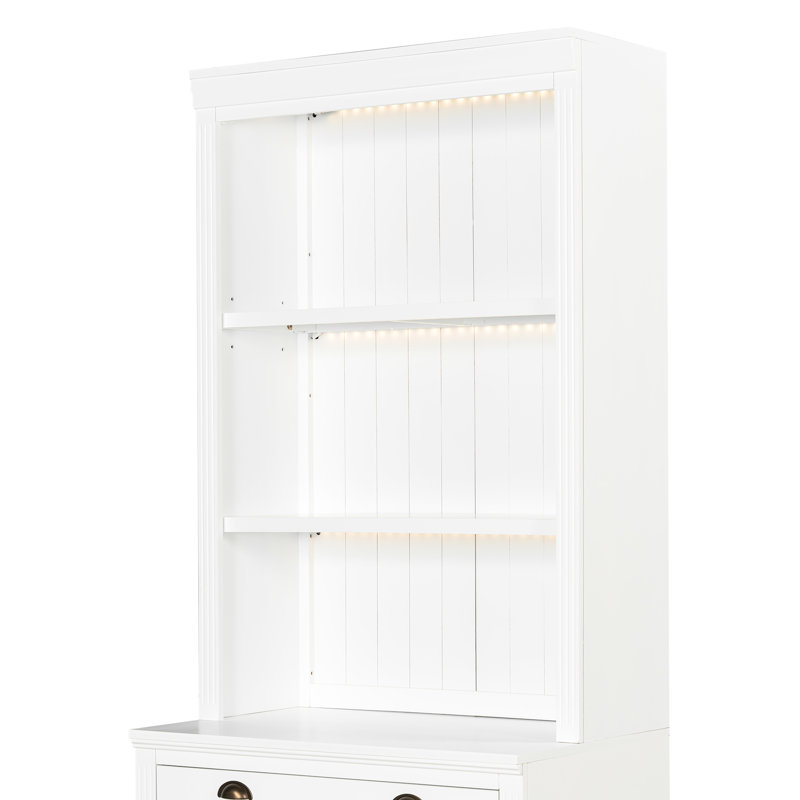 Bibliothèque blanche de 83,4 po de hauteur avec éclairage à DEL, 2 portes en verre, 1 tiroir et 3 tablettes ouvertes pour plusieurs décors de maison Luminaires rectangulaires modernes, tablette réglable