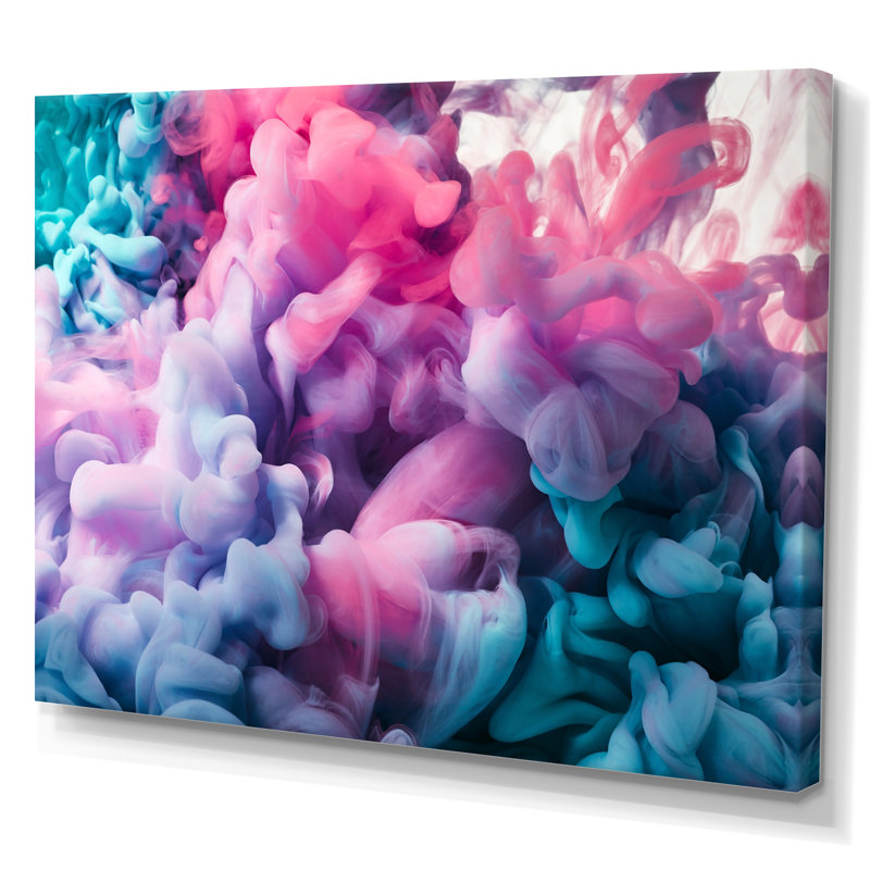 Turquoise et rose, art à l'encre liquide - décoration murale moderne en toile, H 34 po x l 44 po x P 1,5 po, Toile tendue